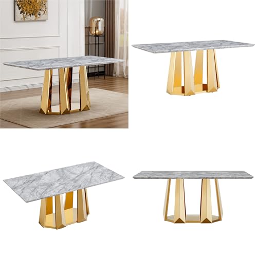 Marble Dining Table for 6 People, 70'' Rectangle Faux Marble Dining Table with Mirrored Stainless Steel Base, Large Size Marble Kitchen Table (Gold,Gray)(only Table)