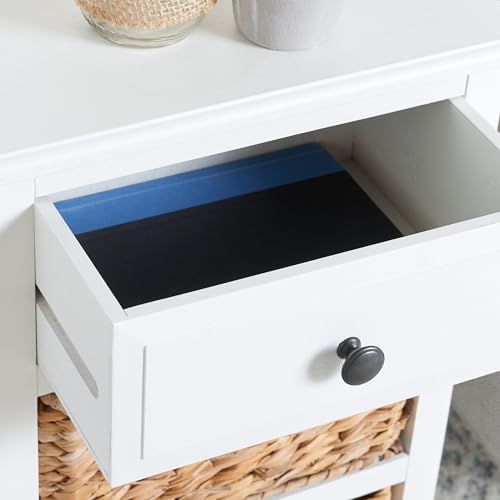 Vintage White Solid Wood Drawer Side Table with Coastal Basket Design, view 7