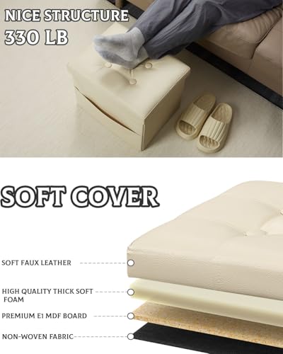 Ottoman with Storage Foot Stool, 17 Inches Folding Storage Ottoman, Leather Upholstered Ottomans Foot Rest with Side Pockets, Suitable for Living Room, Bedroom, Cafe, Beige