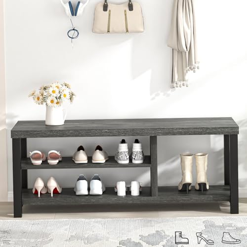 Industrial Entryway Bench, Rustic Indoor Shoe Boot Storage Bench Seat for Living Room, Grey