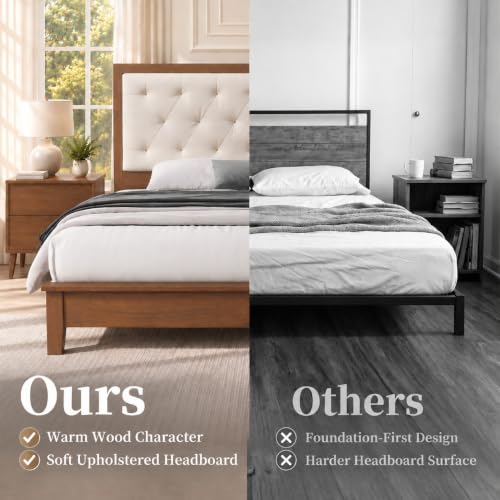 Solid Wood Queen Bed Frame with 51" Tall Upholstered Headboard, Walnut, view 7