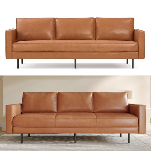 Valencia Varese 90" Full Leather Couch Cognac Tan Brown- Italian Nappa Leather Modern Cloud Couch for Living Room/Apartment Furniture