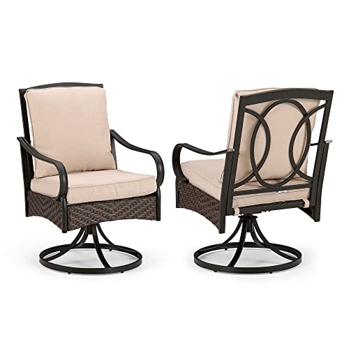 Patio Swivel Chairs Set of 2, Heavy Duty Outdoor Metal Wicker Dining Chair with Thickened Cushions, Large All Weather Wrought Iron Deck Chair Lawn Furniture Support 300lbs