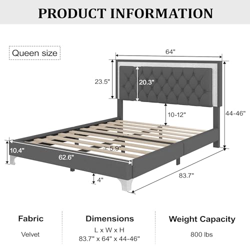 3 Pieces Bedroom Set, Queen Size Upholstered Platform Bed Frame with LED Lights and 2 Nightstands,Farmhouse Bedroom Furniture Set,Gray
