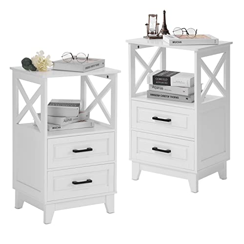 White nightstand with 2 storage drawers and wooden X design, view 2