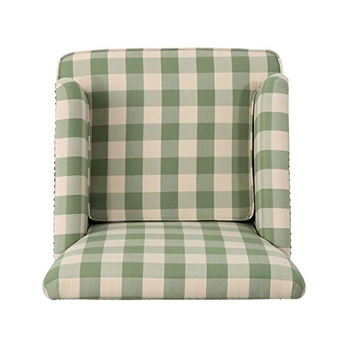 Eve Modern Upholstered Club Chair, Wooden Living Room Accent Chair, Comfy Bedroom Reading Chair, Multifunctional Armchair, Green Checkerboard