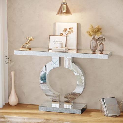 Tribesigns 43" Silver Entryway Table with O-Shaped Base, Modern Rectangle Mirrored Sofa Console Table for Living Room, Hallway, Entrance (Silver)
