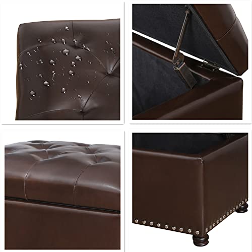 Leather Ottoman with Storage,24’’Foot Rest Ottomans with Hinged Lid Rectangle Upholstered Foot Stools Nailhead Trim for Living Room Bedroom,Classic Brown