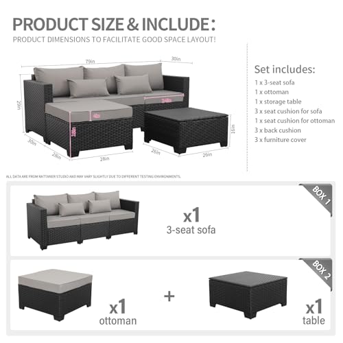 3 Pieces Patio Furniture Set Outdoor Sectional Wicker Patio Furniture Patio Couch with Ottoman and Outdoor Storage Table All-Weather Anti-Slip Cushions Waterproof Covers, Light Grey