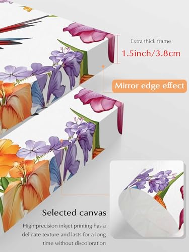 NuYeBiofx Garden Flower Lily Hummingbird Canvas Wall Art Prints,48"x32" Framed Picture Artwork Farm Bloom Carnation Floral Printed Canvas Oil Painting for Living Room Bedroom Office,Ready to Hang
