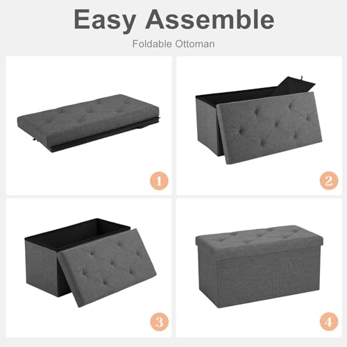 30 Inch Folding Storage Ottoman Bench, Large Hidden Storage Chest with Padded Seat, Foot Rest Stool Supports Up to 660Lbs, End of Bed Bench for Bedroom, Living Room, Linen Fabric, Grey