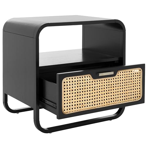 Black and natural rattan one-drawer nightstand, view 2