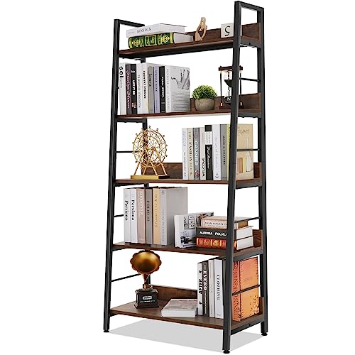 Bookshelf, Industrial Wood Bookshelves and Bookcases, Ladder Shelf 5 Tier with Metal Frame for Living Room, Bedroom, Kitchen, Home Office, Rustics Brown