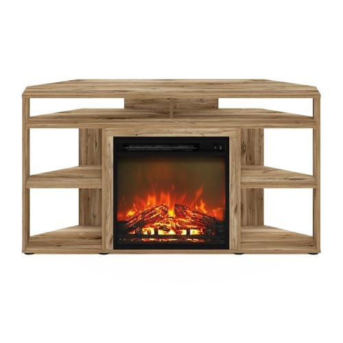 Corner TV Stand with Electric Fireplace, Fits TVs up to 55 in, Flagstaff Oak Finish, CARB Grade Composite Wood, 4 Compartments, Modern Living Room Entertainment Center