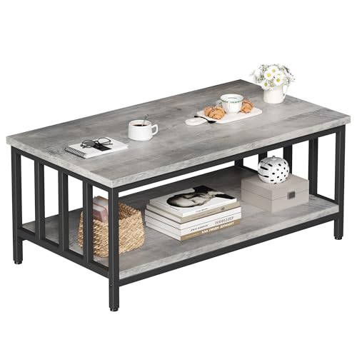Coffee Table for Living Room with Slatted Sides Frame, Modern Farmhouse Living Room Table with 2-Tier Storage Shelf for Home Office, Apartment, Grey Wash, 39 inch