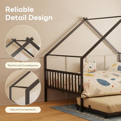 Daybed with Trundle, House Full Bed Frame for Bedroom, Black, view 9