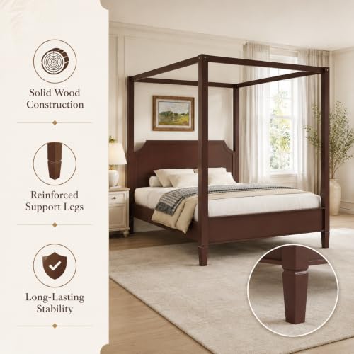 Walnut Queen Size Canopy Bed Frame Solid Wood 4 Poster Canopy Bed, view 8