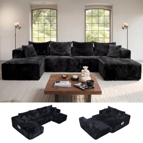 130'' U Shaped Sectional Couches for Living Room, Modular Boneless Cloud Sofa with 2 Chaise Lounges, 4-in-1 Flexible Combination Layered Foam Cushion Deep Seat Corner Couch, No Assembly Black