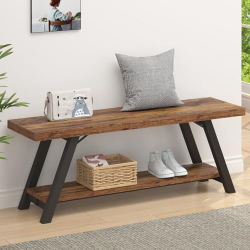 Wood Bench, Industrial Storage Entryway Indoor Bench for Bedroom Hallway Living Room, Rustic Famhouse Wooden Metal Shoe Rack Accent Foyer Bench Seat for Entrance Sitting, Rustic Brown, 47 in Long