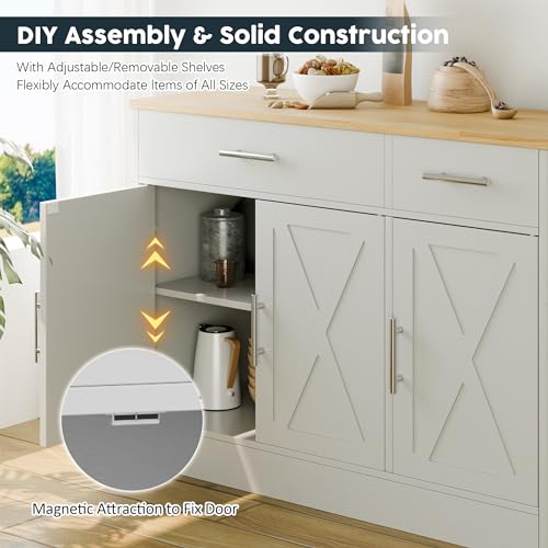 Sideboard Buffet Cabinet with Storage, Kitchen Storage Cabinet with 3 Doors and 2 Drawers, Farmhouse Coffee Bar with Adjustable Shelf for Living Room, White&Yellow