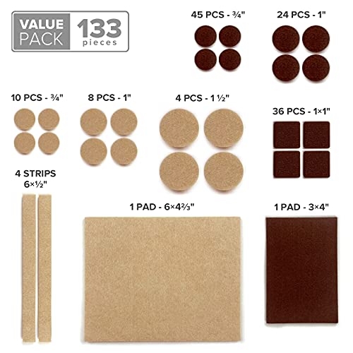Felt Furniture Pads 133 PCS Premium Furniture Pads - Felt Pads Furniture Feet Best Wood Floor Protectors - Protect Your Hardwood & Laminate Flooring! Brown and Beige