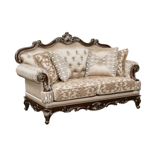Traditional Sofa Couch for Living Room, Rolled Arm Sofa with 4 Accent Pillows, Tufting, Queen Legs in Cherry Finish with Gold Tipping, Upholstered Living Room Furniture, 2 Seater Couch, Brown