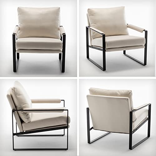 Modern Faux Leather Accent Chair, Upholstered Armchair with Metal Frame, Thick Seat Cushion and Oversized Back Pillow, Easy-Clean Lounge Chair for Living Room, Bedroom, Office and Reception