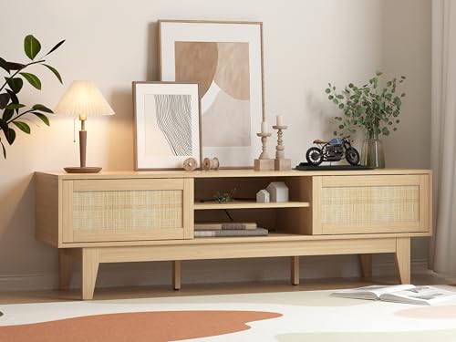 Boho TV Stand for 55 65 Inch TV, Rattan Entertainment Center with Shelves, Cabinets and Sliding Doors, TV Media Console Table with Solid Wood Feet & Cord Holes for Living Room, Bedroom, Natural