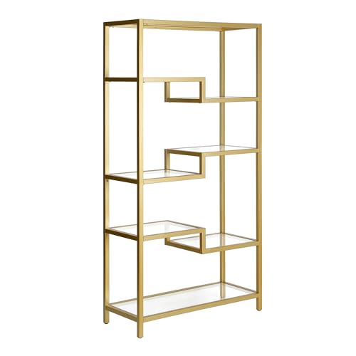 68" Tall Rectangular Bookcase in Brass, for Home Office, Living Room | Open glass shelving displays books, plants, and décor in living rooms, offices, or entryways while keeping spaces bright