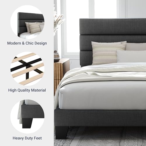 Gray Platform Bed with Fabric Headboard, view 7