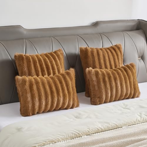 Pack of 2 Faux Mink Fur Throw Pillow Covers 12x20 Inch Soft Fluffy Dyeing Striped Textured Farmhouse Decorative Lumbar Pillowcases Modern Home Decor for Couch Bed Living Room, Camel