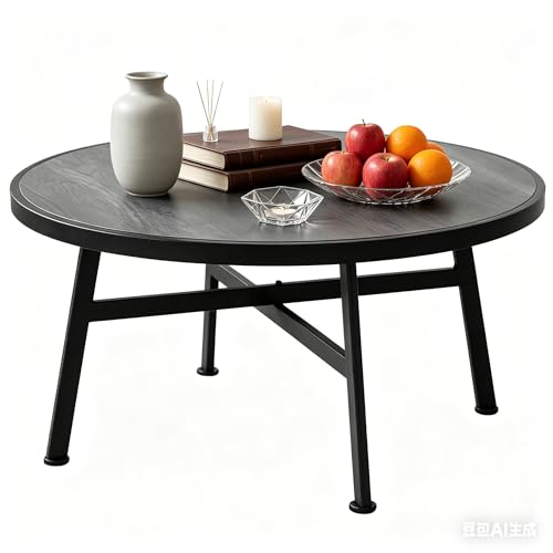 Round Coffee Table, Industrial Circular Center Coffee Table for Living Room, Rustic Wood Desktop Storage Shelf with Metal X-Shape Table Leg, Modern Home Furniture (30.71 * 15.75")