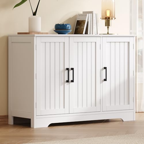Modern Sideboard Buffet Cabinet, Coffee Bar Storage Cabinet with Doors and Adjustable Shelves, Kitchen Storage Cabinet for Dining Room, Living Room, White