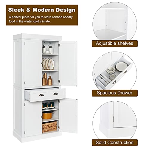 71-Inch White Storage Cabinets with Drawers, Freestanding Pantry Cabinets with Doors and Shelves Adjustable, Wood Farmhouse Kitchen Pantry Cupboard