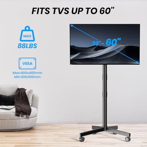 Mobile TV Cart Rolling TV Stand for 23-60 Inch LCD LED Flat Curved Screens up to 88 lbs - Height Adjustable Portable TV Stand on Wheels - Outdoor TV Stand Mount, Max VESA 400x400mm, Black