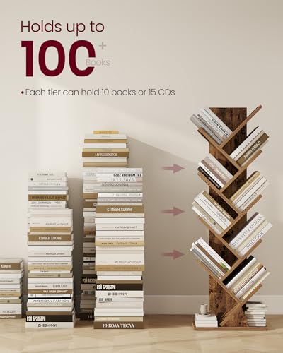 VASAGLE CUSTOS Collection - Tree Bookshelf, Modern Bookcase, Floor Standing Book Shelf, for Bedroom, Living Room, Home Office, 7.9 x 15 x 45.4 Inches, Rustic Brown ULBC609K01