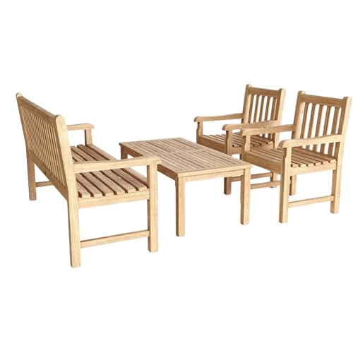 Classic 3-Seater 4-Piece Conversation Set Solid Teak Wood Outdoor Furniture with Cushions Patio Garden Lounge Set Include Sofa Armchairs Coffee Table Handcrafted Weather-Resistant Luxury Set