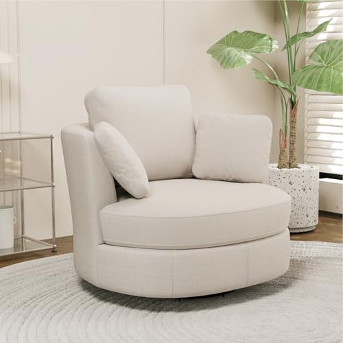 40.6" Oversized Swivel Accent Chair, Upholstered Round Barrel Chair with Pillows Swivel Chairs for Living Room Bedroom,Chenille,Beige