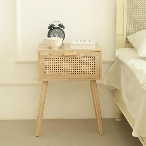 Walnut wood nightstand with rattan drawer and solid wood legs, view 2