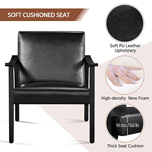 Yaheetech PU Leather Black Chairs, Mid-Century Modern Armchair with Solid Wood Legs, Reading Accent Chair with High Back for Living Room Bedroom Waiting Room, 2 pcs, Black