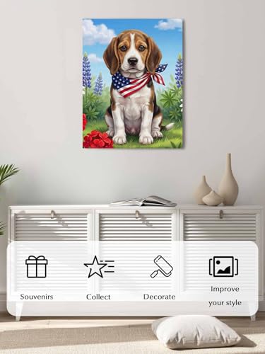 NuYeBiofx Independence Day USA Flag 4th of July Farm Flower Dog Canvas Wall Art Prints,48"x32" Framed Picture Artwork Printed Canvas Oil Painting for Living Room Bedroom Office,Ready to Hang