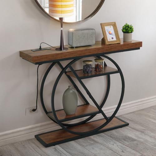 41” Unique Design 4-Tier Industrial Thick Sofa Console Table w/Storage & Charging Station, Entrance Tableau w/ 2 Outlets, USB & Type-C Ports for Living Room, Hallway, Rustic, Hourglass