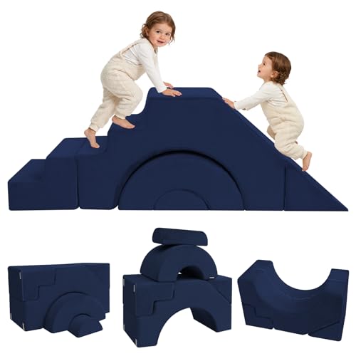 Modular Kids Sofa, Foam Couch Sofa with Slide & Stair Design, Convertible Kids Couch for Playroom, Sectional Child Furniture for Bedroom Living Room, Navy