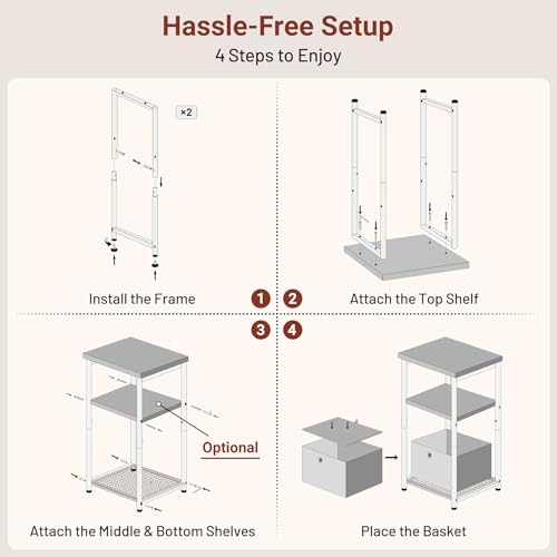 3 Tier Small Side Table with Storage Basket, Living Room End Tables for Small Space, Bedside Nightstand for Bedroom, Sofa Couch, Rustic Brown and Classic Black