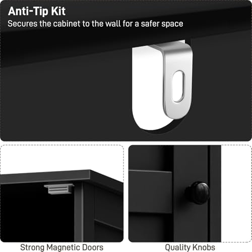 Tall Bathroom Cabinet, Slim Bathroom Storage Cabinet with Adjustable Shelves and 2 Doors, Narrow Floor Storage Cabinet for Bathrooms, Kitchen, Living Room, Black