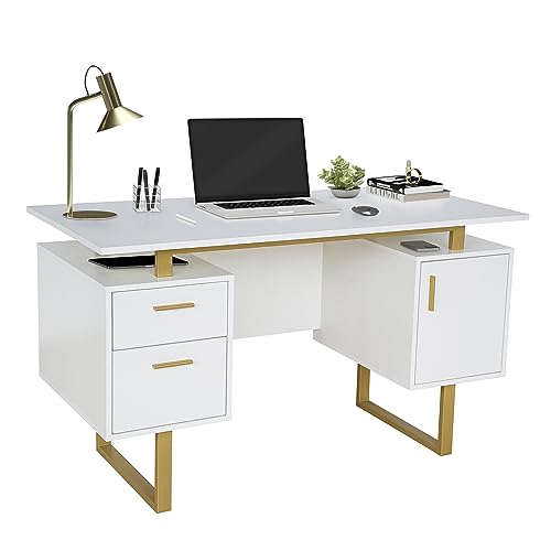 Storage Drawers and Cabinet 51.25” W-Modern Office Large Floating Desktop Surface Desk, 23.6" D x 51.2" W x 29.8" H, White/Gold