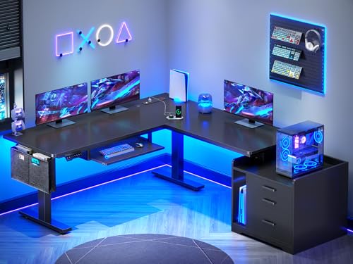 L Shaped Standing Desk with File Cabinet, 3 Drawers, Power Outlet, view 2