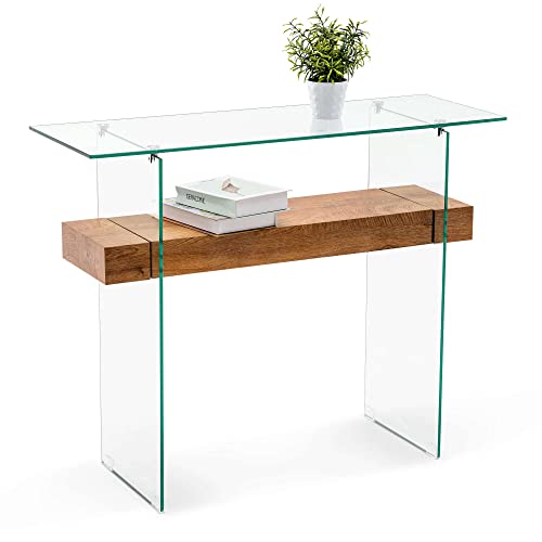 Glass Console Table with Storage, 39.4" Modern Narrow Entryway Table for Living Room, Entrance, Hallway or Bedroom 5101 (Natural Wood)