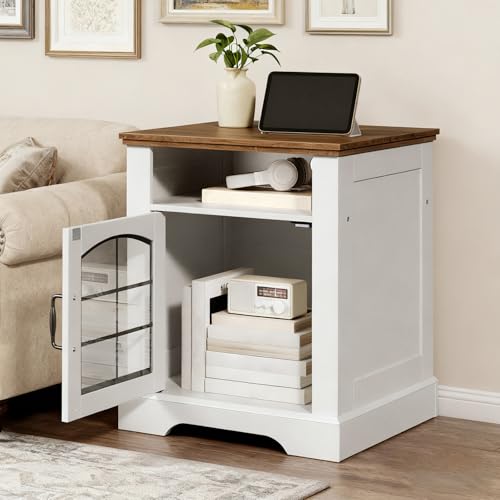 Farmhouse End Table for Living Room, 17.7" Wide Nightstand with Charging Station, Wooden Sofa Side Table with Tempered Glass Barn Door and Open Shelf, White and Walnut WH405UBZ01
