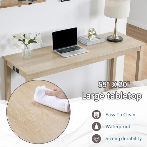 4 Piece Dining Table and Chairs Set with Charging Station, Farmhouse Wooden Kitchen Island-Table w/USB&Typc C&Power Outlet, 59" Behind Sofa-Table w/3pcs Upholstered Stools,Light Oak